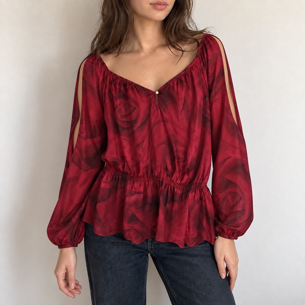 White House Black Market Red Rose Blouse Split Sleeve Large Romantic Whimsigoth